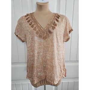 J. Crew Tassel, Sequin, & Bead V-Neck Short Sleeve Print Top Sz 10 Lightweight